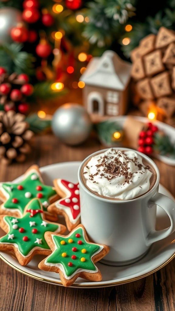 A plate of decorated Christmas cookies with a mug of hot chocolate topped with whipped cream.